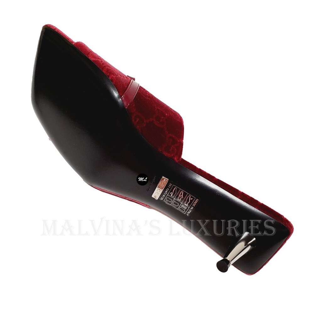 GUCCI SHOES GG LOGO BURGUNDY VELVET w BOW DETAIL SLIDES sz 38 8 US - Picture 13 of 15